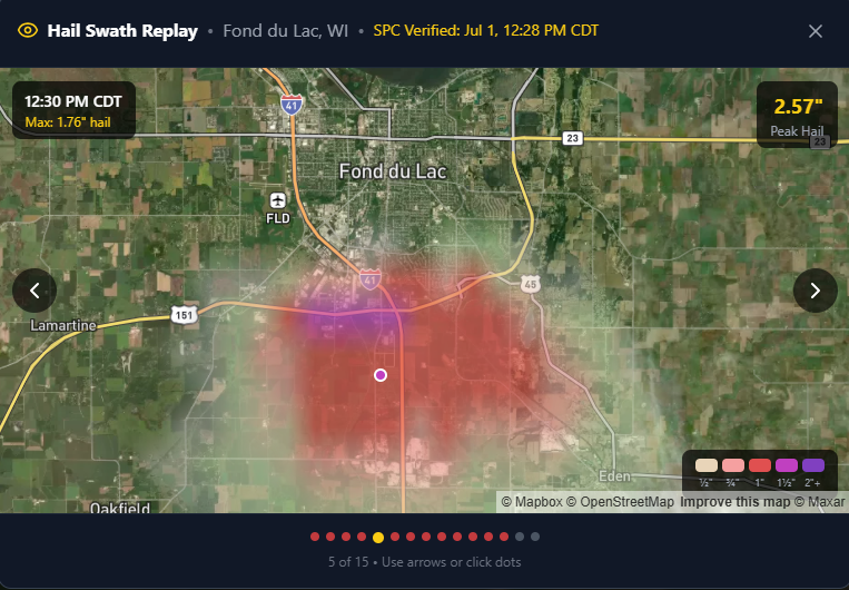 Radar hail swath map of the July 1, 2026 Fond du Lac, Wisconsin supercell, peaking around 3.25-inch hail.