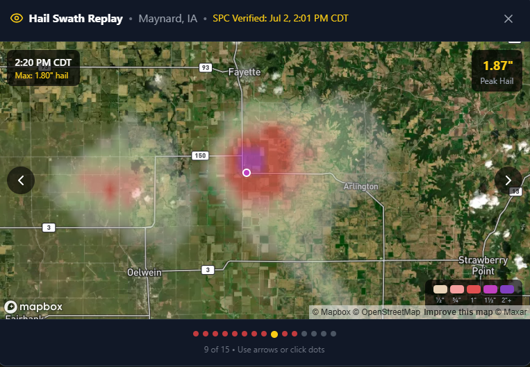 Radar hail swath map of the July 2, 2026 Maynard, Iowa supercell, peaking around 3.5-inch hail.